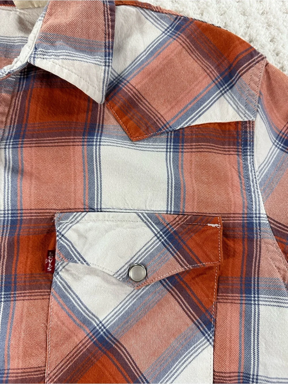 Levi's Men’s S LS Orange White & Blue Plaid Western Pearl Snap Button-Down Shirt